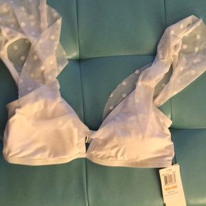 White bikini top with polka dot shoulder detail